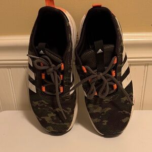 adidas Kids Camo Knit Sneakers with White Stripes and Orange Accents
